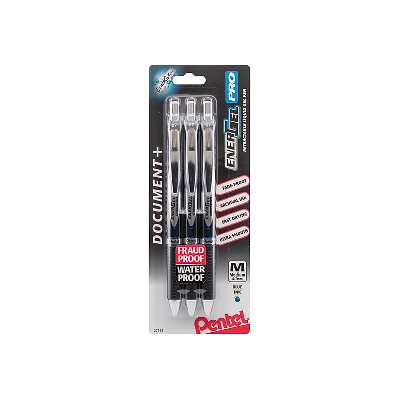 Pentel EnerGel Pro Retractable Gel Pen, Medium Point, Blue Ink, 3/Pack (BLP77BP3C) image 1
