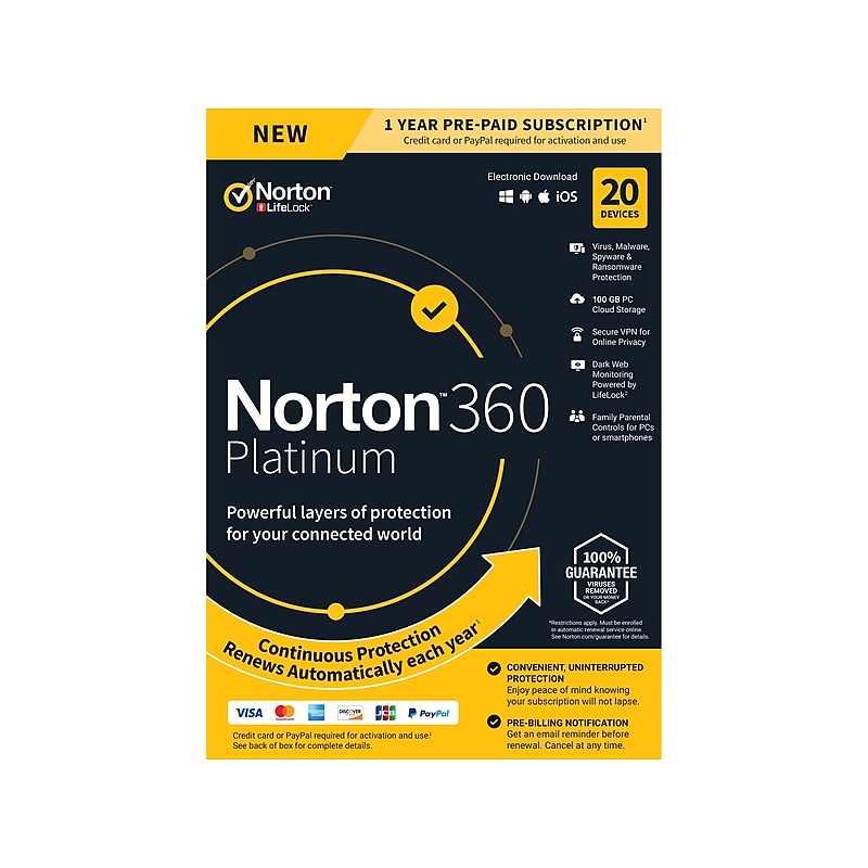 Norton 360 Platinum for 1 User, Windows/Mac/Android/iOS, Product Key Card (21394602) image 1