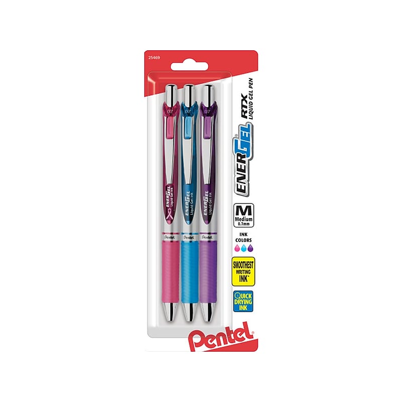 Pentel EnerGel RTX Retractable Gel Pens, Medium Point, Assorted Inks, 3/Pack (BL77BP3M1) image 1