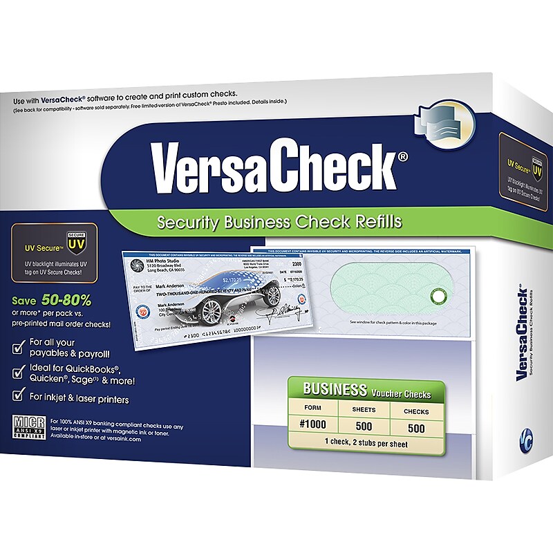 VersaCheck UV Secure Business Security Voucher Check Refills, 8.5" x 11", Green, 500 Sheets/Pack (10GE02-0349) image 1