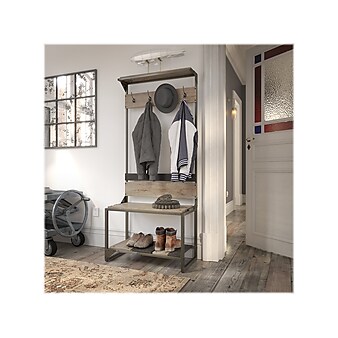 Bush Furniture Refinery Hall Tree With Shoe Storage Bench, Rustic Gray/Charred Wood (RFY012RG)