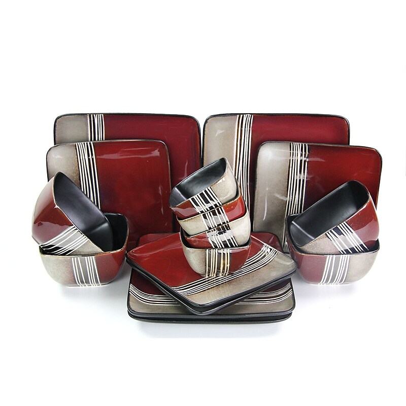 Elama Downtown Loft 16 Piece Double Bowl Stoneware Dinnerware Set Red/Cream ELM-DOWNTOWN16 image 1