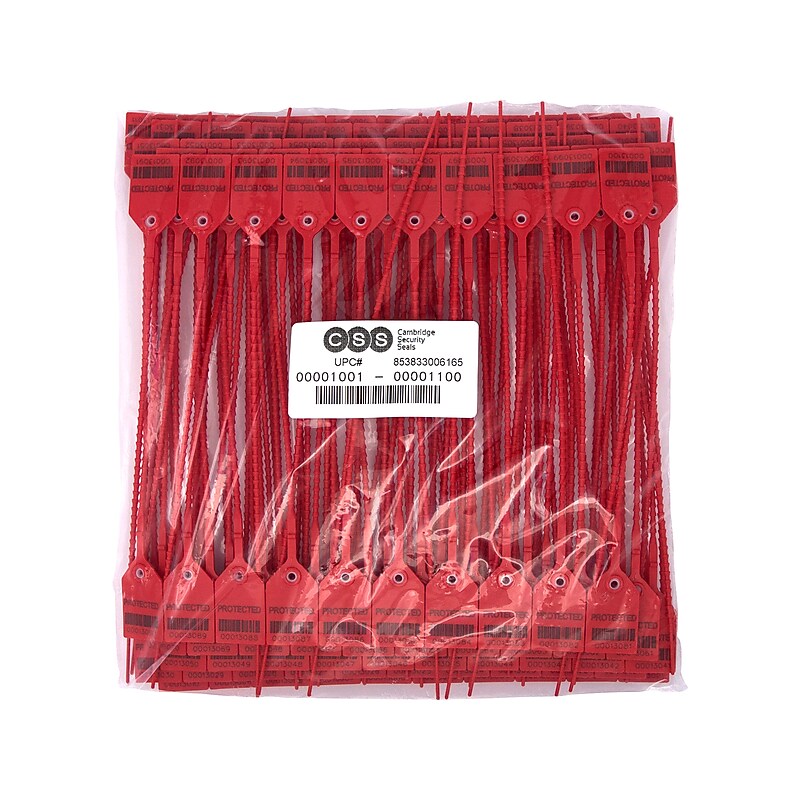 Cambridge Security Seals Heavy Duty Pull Tight Seals, 15", Red, 10/Strip, 100 Strips/Carton (HPT13068) image 1