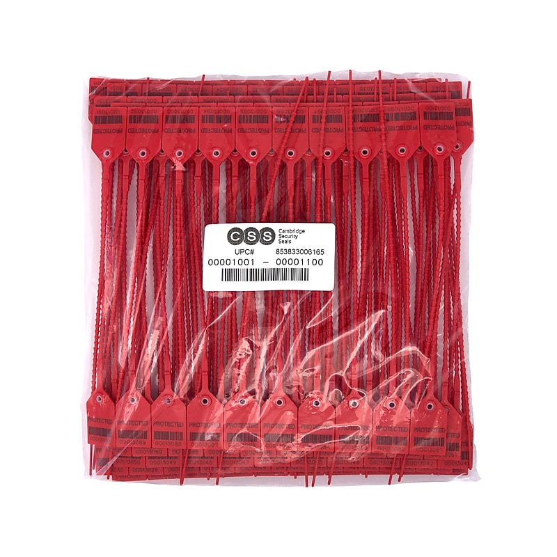 Cambridge Security Seals Heavy Duty Pull Tight Seals, 9", Red, 10/Strip, 100 Strips/Carton (HPT13060) image 1