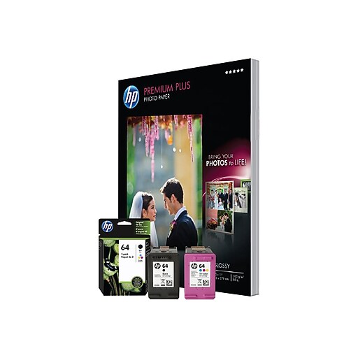 HP 64 Black/TriColor Ink Cartridges w/Paper Kit, Standard Yield, Home