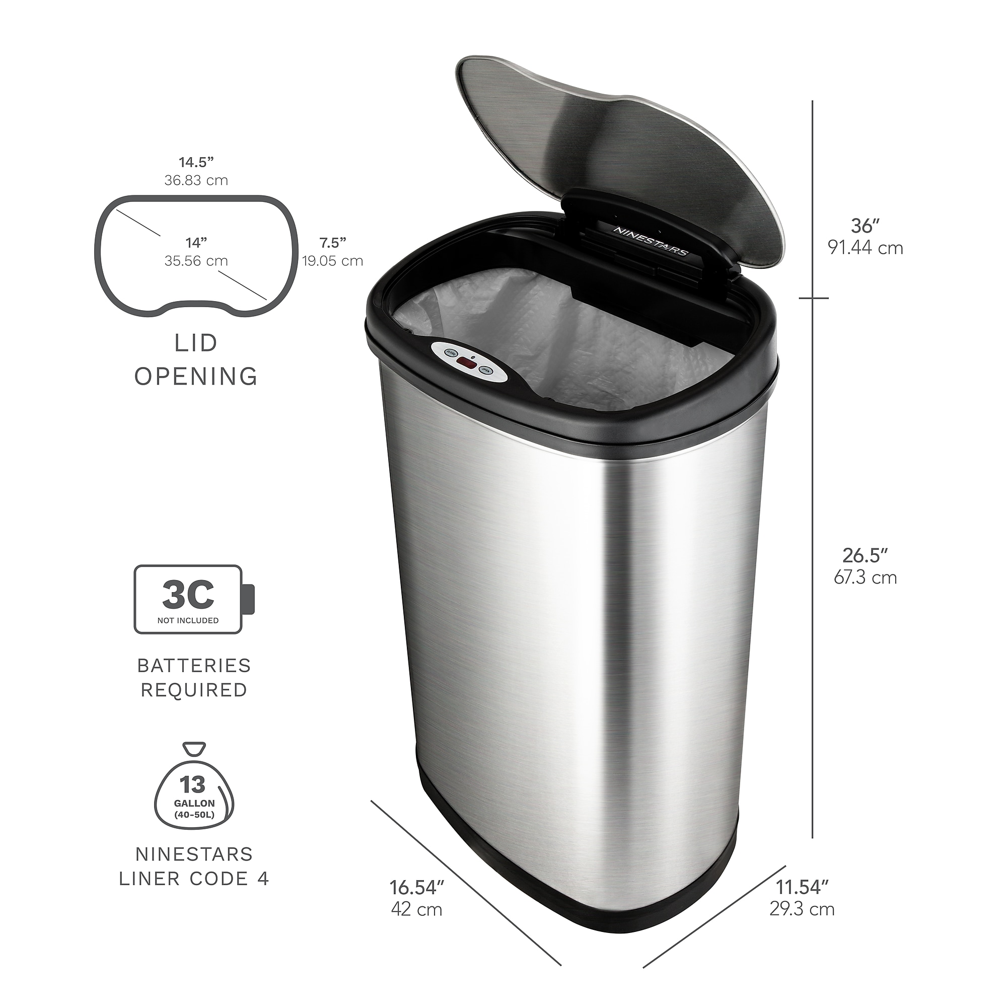 Nine Stars Stainless Steel Motion Sensor Trash Cans, Gray, 2/Pack (DZT-50-13/12-9) Sansujyuku sansujyuku.com
