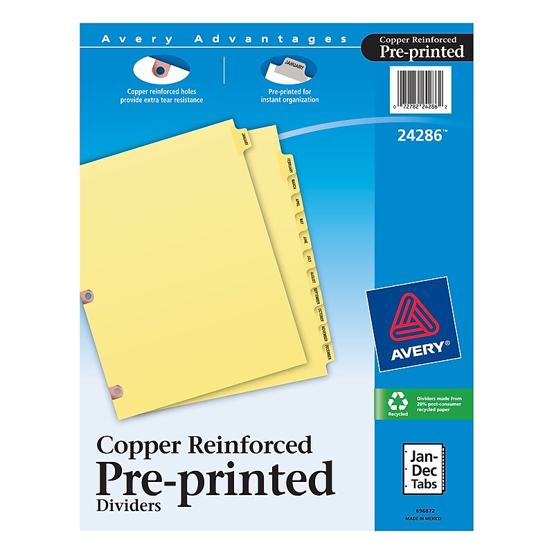Avery Copper Reinforced Preprinted Dividers, 12-Tabs, Buff, Set (24286) image 1
