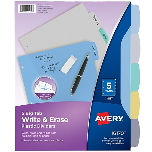 5 / Set White Divider 16370 Avery Durable Write-On Divider Sets 3 Hole Punched Letter Write-on 