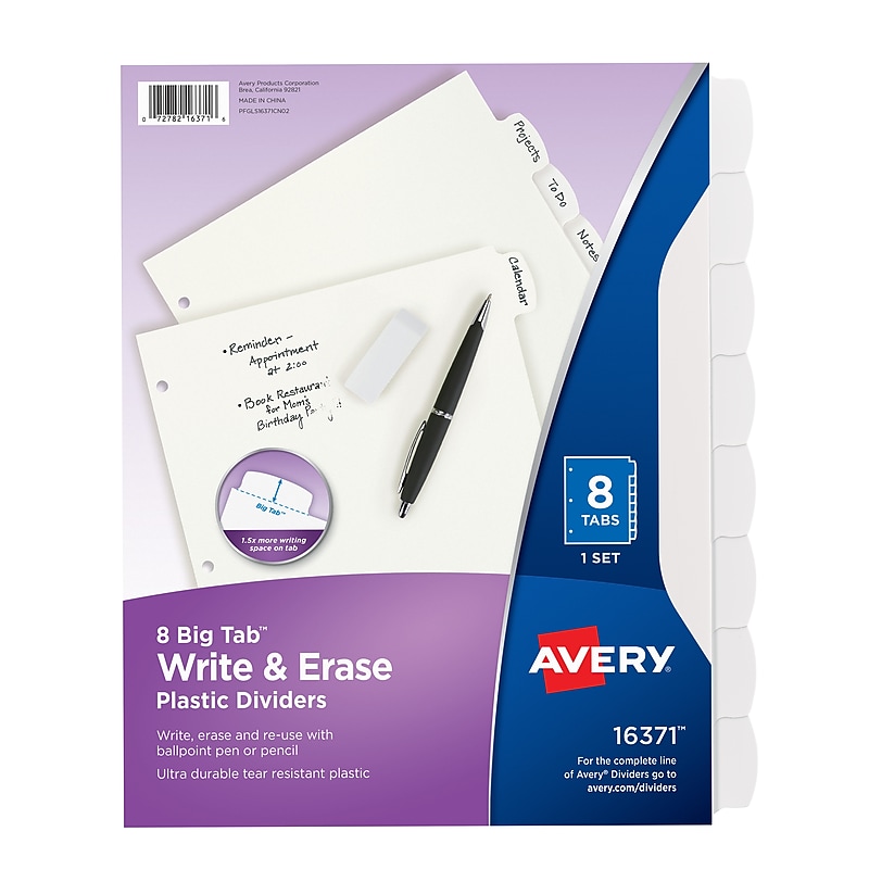 Avery Big Tab Write & Erase Plastic Dividers, 8 Tabs, White (16371) image 1