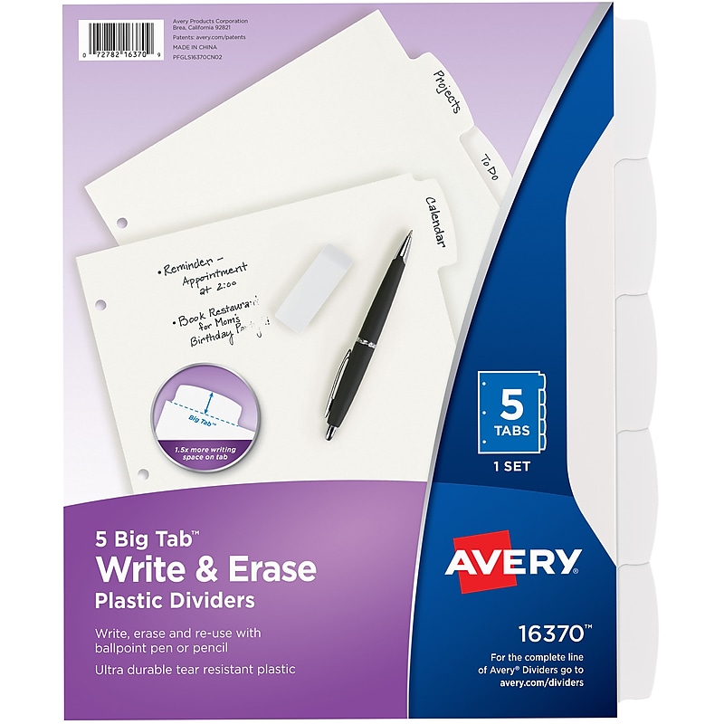 Avery Big Tab Write & Erase Plastic Dividers, 5 Tabs, White (16370) image 1
