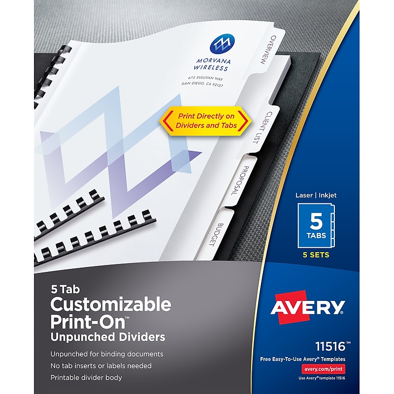 Avery Print-On Unpunched Paper Dividers, 5 Tabs, White, 5 Sets/Pack (11516) image 1
