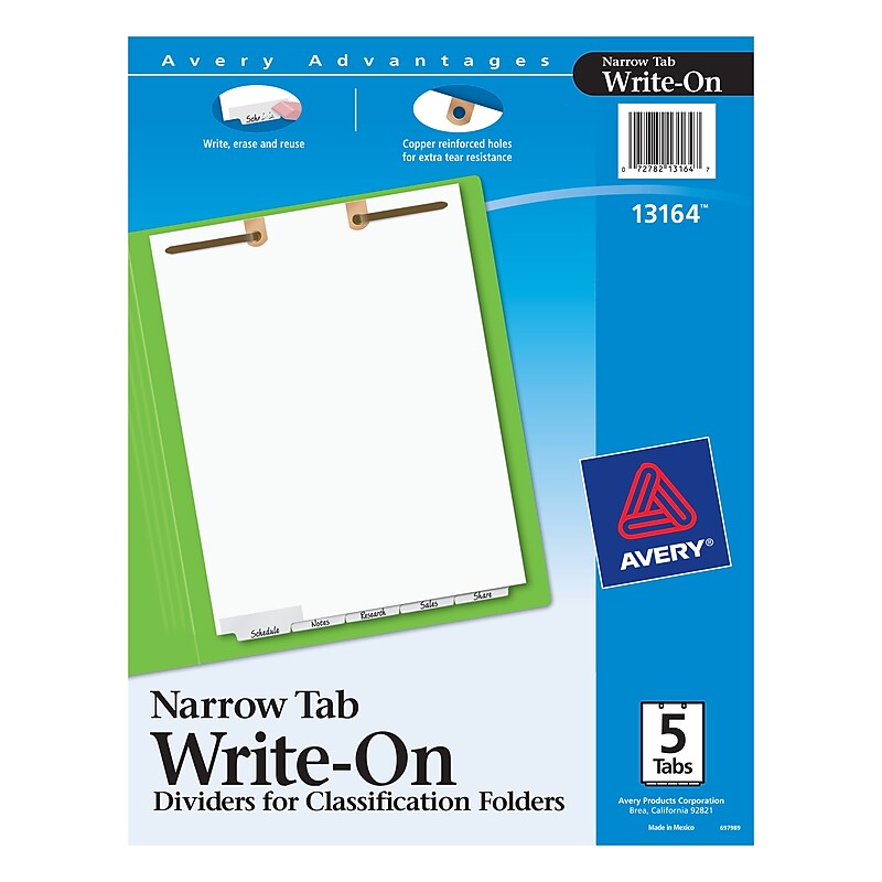 Avery Narrow Write & Erase Paper Dividers for Classification Folders, 5 Tabs, Bottom Tabs (13164) image 1