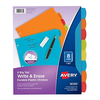 Avery Big Tab Write & Erase Plastic Tab Dividers, Multicolor, 8 Tabs/Set (16130)