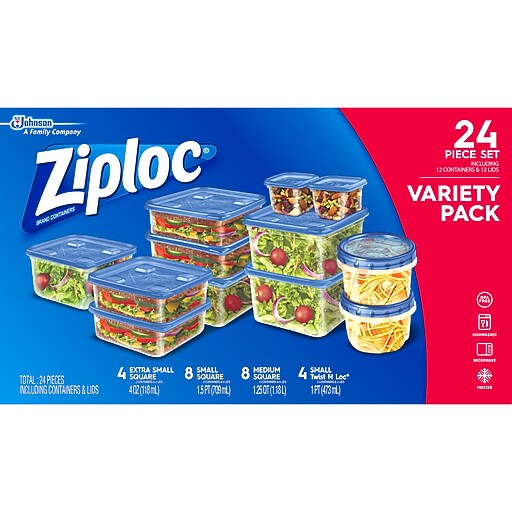 Ziploc Variety Pack Containers with Lids, Assorted Sizes, 24 Pieces