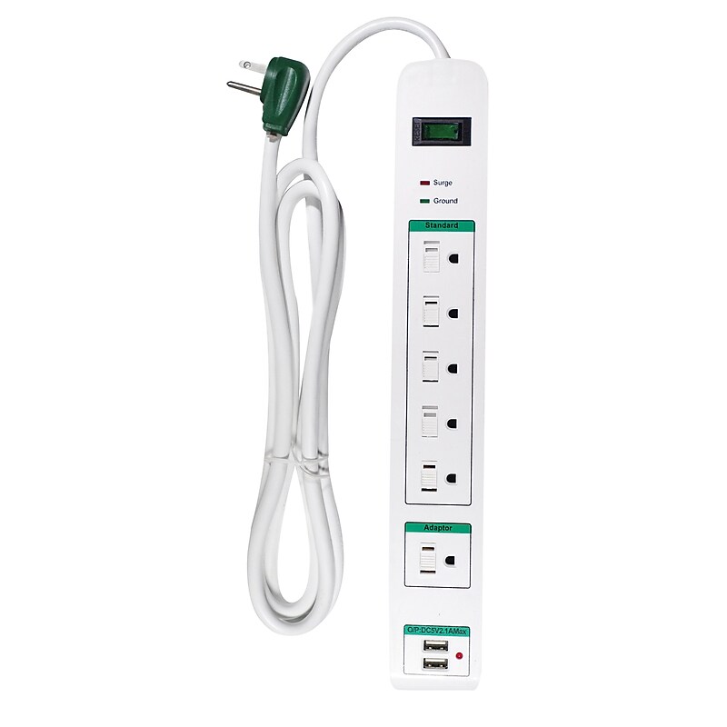 GoGreen Power 6' Surge Protector, 6 Outlet, White (GG-16326USB) image 1