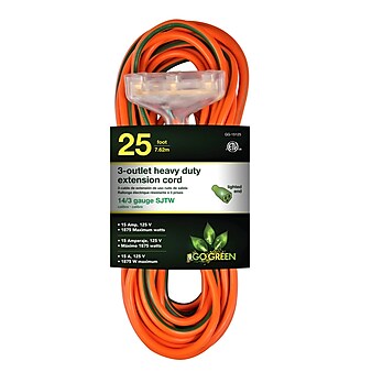 GoGreen Power 14/3 25' 3-Outlet Heavy Duty Extension Cord, Lighted End, Orange (GG-15125)