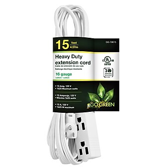 GoGreen Power 15' 3-Outlet Extension Cord, White (GG-19615)