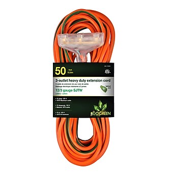 GoGreen Power 12/3 50' 3-Outlet Heavy Duty Extension Cord, Lighted End, Orange (GG-15250)