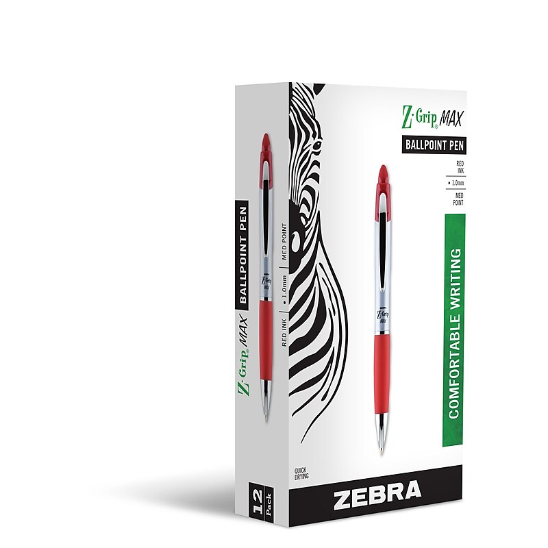 Zebra Z-Grip Max Retractable Ballpoint Pen, Medium Point, 1.0mm, Red Ink, Dozen (22430) image 1
