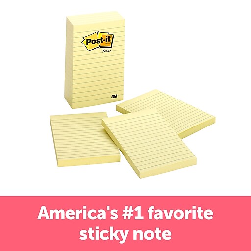 Postit® Notes, 4" x 6" Canary Yellow, Lined, 100 Sheets/Pad, 5 Pads