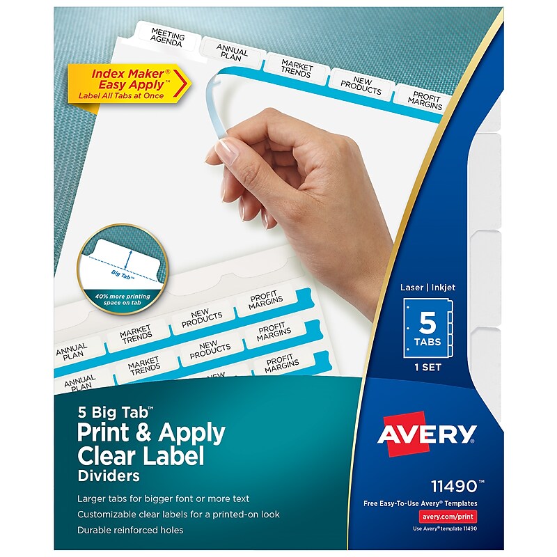 Avery Index Maker Big Tab Paper Dividers with Print & Apply Label Sheets, 5 Tabs, White (11490) image 1