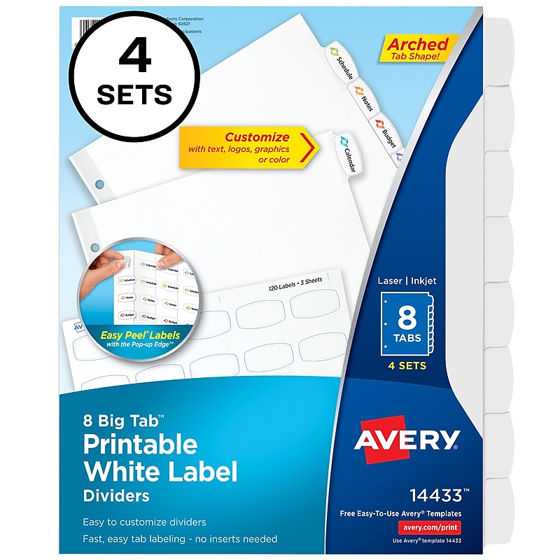 Avery Big Tab Printable Paper Dividers with White Labels, 8 Tabs, 4 Sets/Pack (14433) image 1