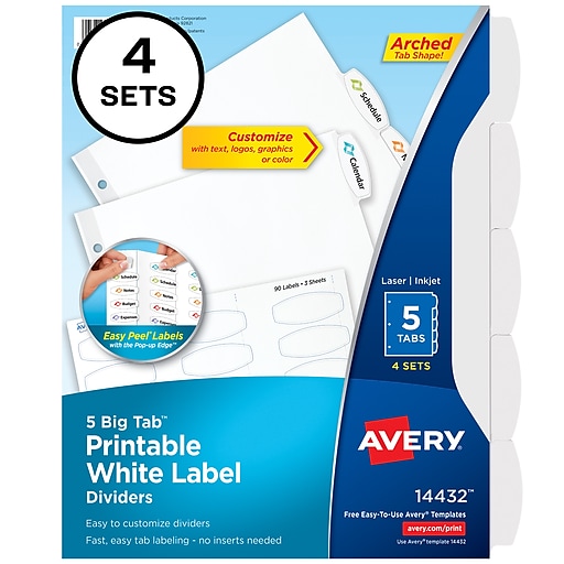 Avery Big Tab Printable Large White Label Dividers with Easy Peel 14440 20 Sets 5 Tabs 