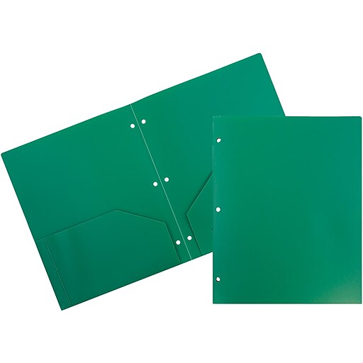 JAM Paper Heavy Duty Plastic 3 Hole Punch TwoPocket Folders, Green, 6