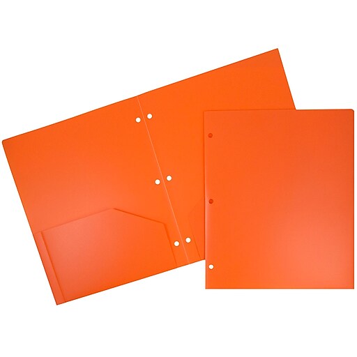 JAM Paper Heavy Duty 3 Hole Punch TwoPocket Plastic Folders, Orange, 6/Pack (383HHPORB) Staples