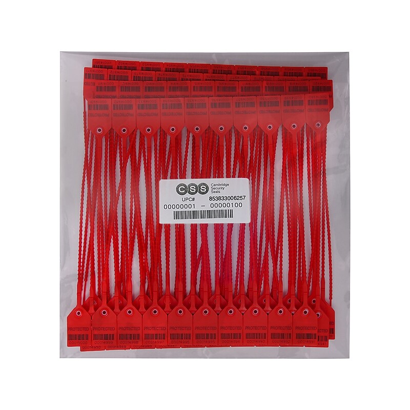 Cambridge Security Seals Heavy-Duty Pull Tight Seals, 18", Red, 10/Strip, 100 Strips/Carton (HPT13073) image 1