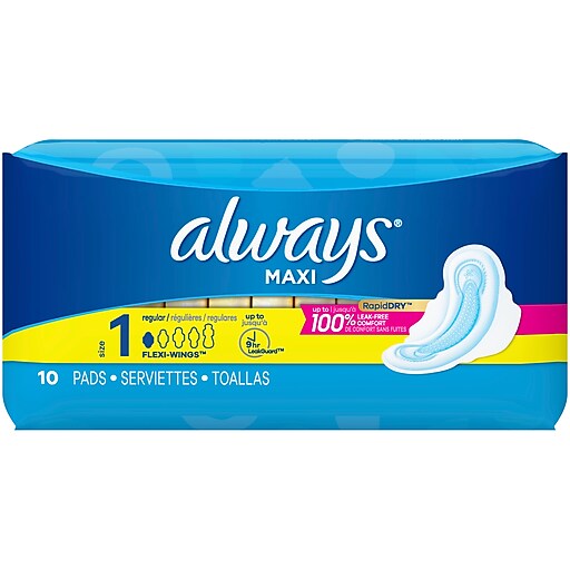 Always Maxi Regular Pads with Wings, Unscented, 10/Box (280756) | Staples