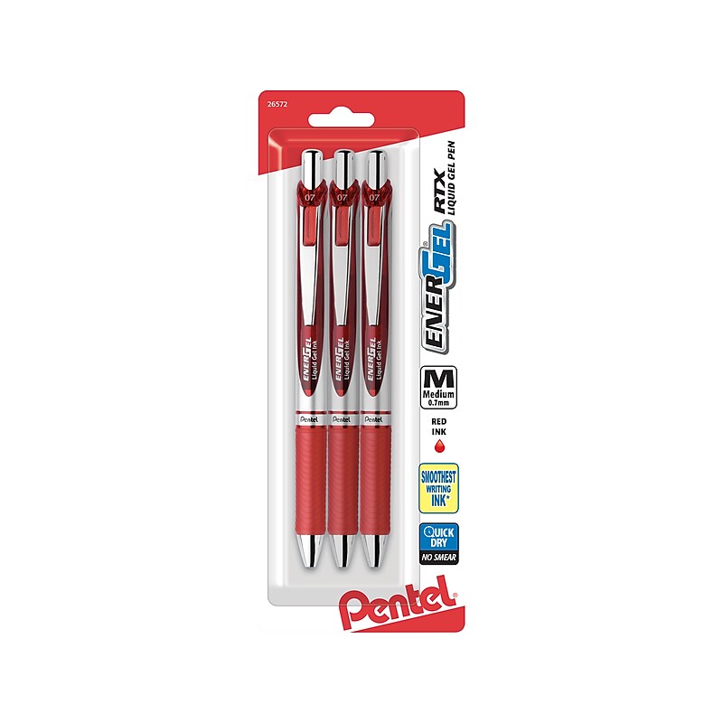 Pentel EnerGel RTX Retractable Gel Pen, Medium Point, 0.7mm, Red Ink, 3/Pack (BL77BP3B) image 1