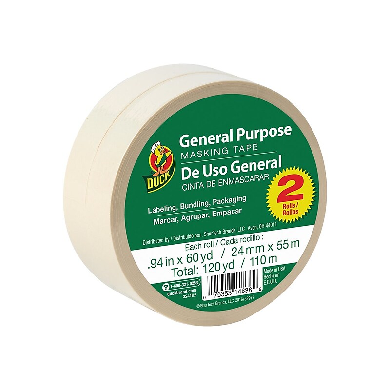 Duck General Purpose Masking Tape, 0.94" x 60 Yds., Beige, 2/Pack (PG-2-2) image 1