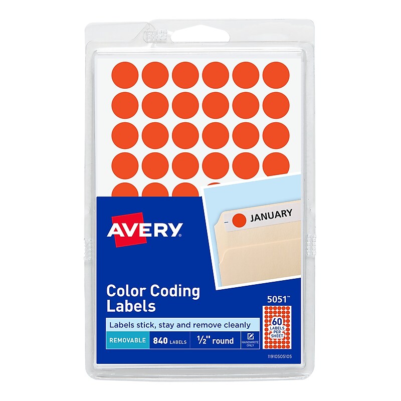 Avery Hand Written Color Coding Labels, 0.5"Dia., Neon Red, 60/Sheet, 14 Sheets/Pack  (5051) image 1