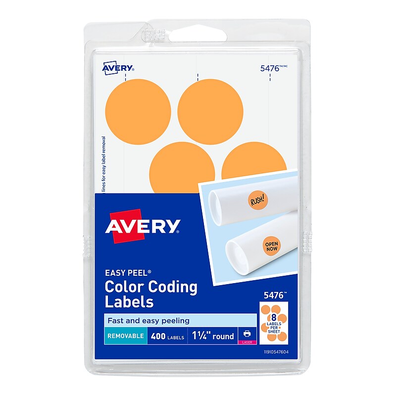 Avery Easy Peel Laser Color Coding Labels, 1 1/4" Dia, Neon Orange, 8 Labels/Sheet, 50 Sheets/Pack (5476) image 1