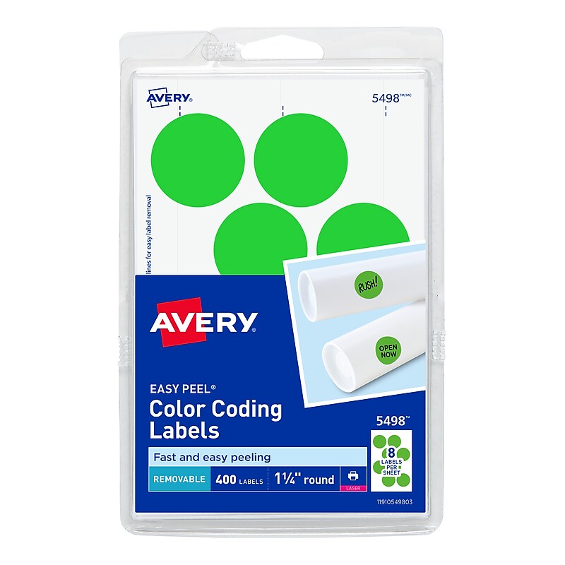 Avery Laser Color Coding Labels, 1 1/4" Dia., Neon Green, 8/Sheet, 50 Sheets/Pack (5498) image 1