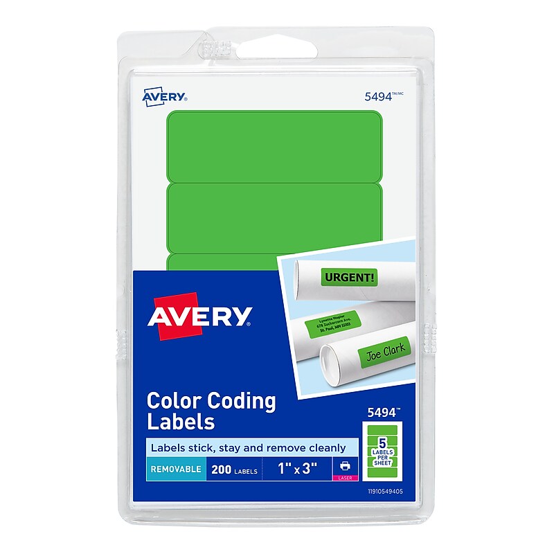 Avery Laser Color Coding Labels, 1" x 3", Neon Green, 5/Sheet, 40 Sheets/Pack (5494) image 1