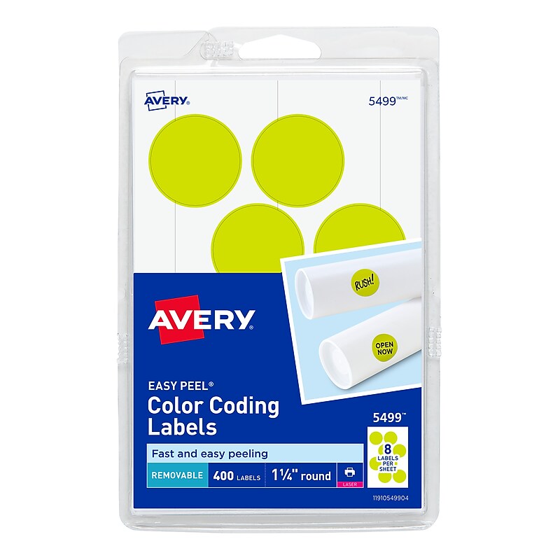 Avery Easy Peel Laser Color Coding Labels, 1 1/4" Dia, Neon Yellow, 8 Labels/Sheet, 50 Sheets/Pack (5499) image 1