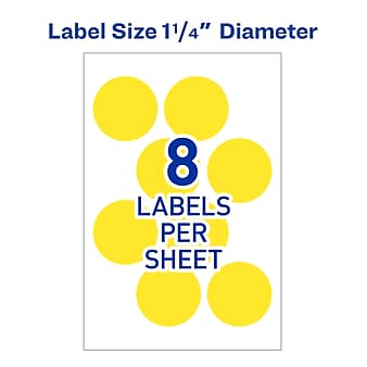 Avery Easy Peel Laser Color Coding Labels, 1 1/4" Dia, Neon Yellow, 8 Labels/Sheet, 50 Sheets/Pack (5499)