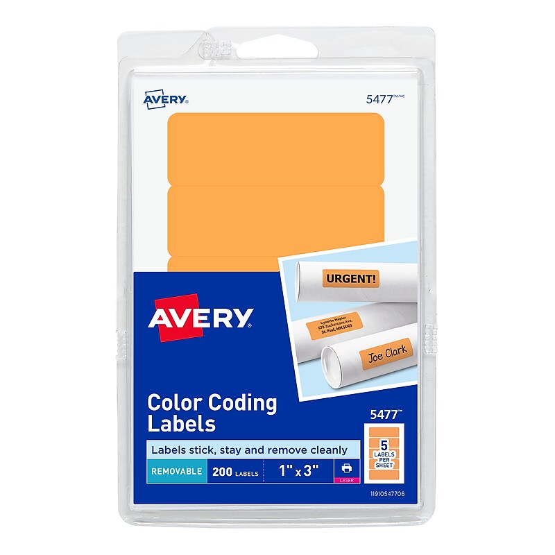 Avery Laser Color Coding Labels, 1" x 3", Neon Orange, 5/Sheet, 40 Sheets/Pack (5477) image 1