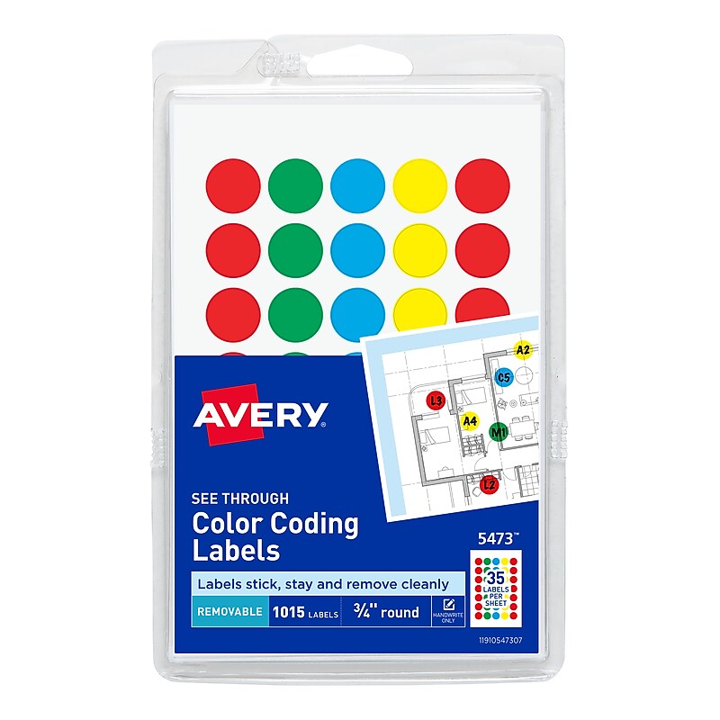 Avery See-Through Hand Written Color Coding Labels, 3/4" Dia., Translucent Assorted Colors, 35/Sheet, 29 Sheets/Pack (5473) image 1