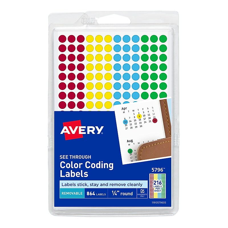 Avery See-Through Color Coding Labels, 1/4" Diameter, Translucent Assorted Colors, 864 Labels/Pack (5796) image 1