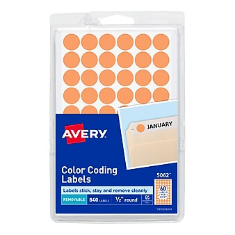 Avery Removable Self-Adhesive Round Paper Color-Coding Label, Orange, 1/2"(Dia), 840/Pack (5062)