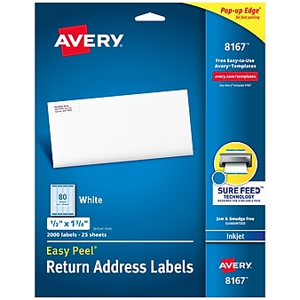 Avery Easy Peel Inkjet Return Address Labels, 1/2" x 1-3/4", White, 80 Labels/Sheet, 25 Sheets/Pack, 2000 Labels/Pack (8167)