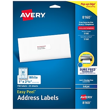 Avery Easy Peel Inkjet Address Labels, 1" x 2-5/8", White, 30 Labels/Sheet, 25 Sheets/Pack, 750 Labels/Pack (8160)