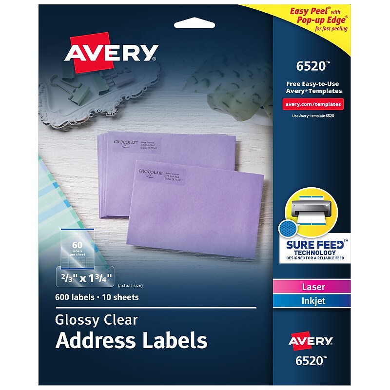 Avery Easy Peel Address Labels, 2/3" x 1-3/4", Glossy Clear, 600 Labels/Pack (6520) image 1