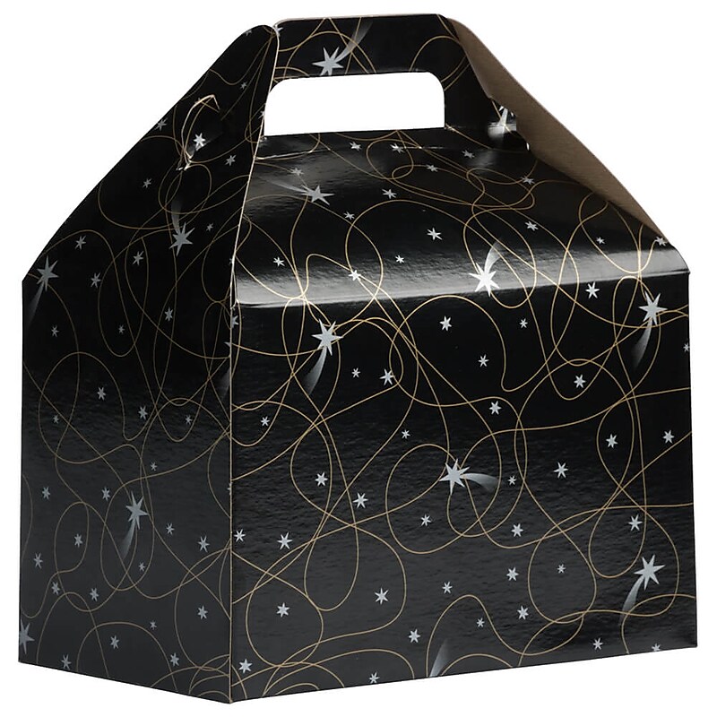 JAM Paper Gable Gift Box with Handle, Medium, 4 x 8 x 5 1/4, Black Shooting Stars Design (4353517) image 1