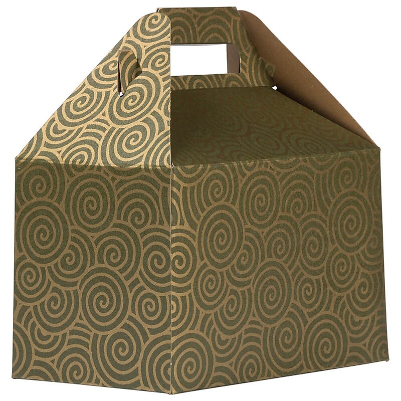 JAM Paper Gable Gift Box with Handle, 4" x 8" x 5.25", Green/Gold Swirl (4353522) image 1