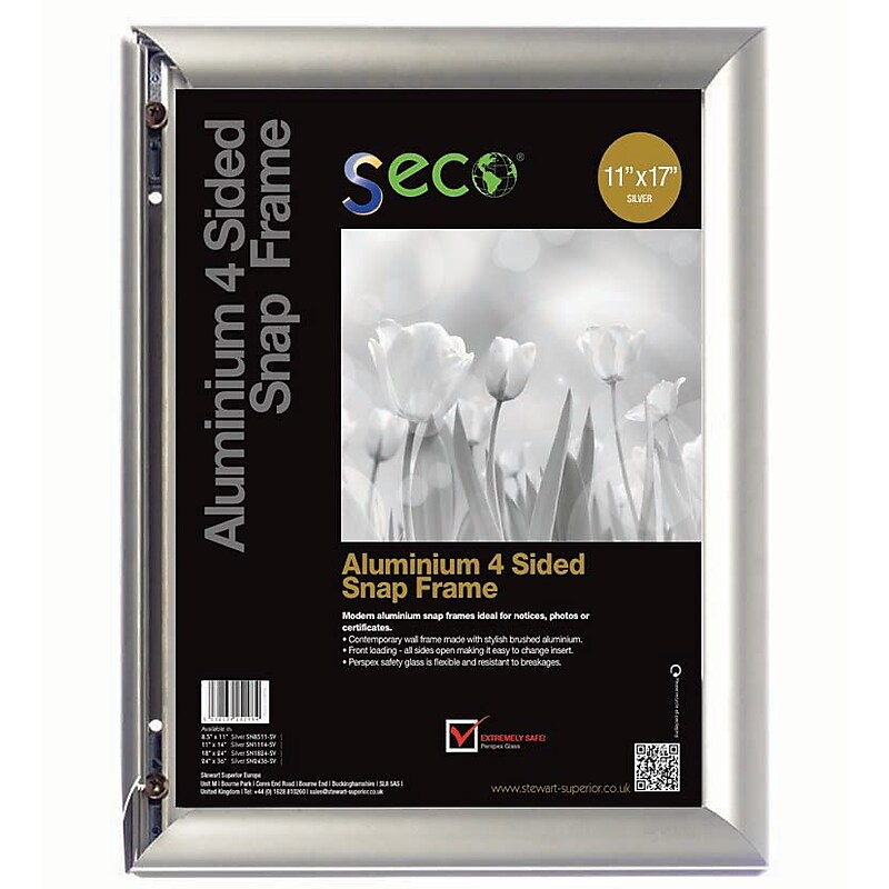 Seco® Front Load Easy Open Snap Poster Frame, 11" x 17", Silver Anodized Aluminum (SN1117-SV) image 1