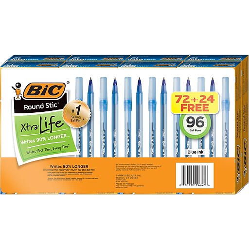 BIC Round Stic Xtra Life Ballpoint Pen, Medium Point, Blue Ink, 96/Pack
